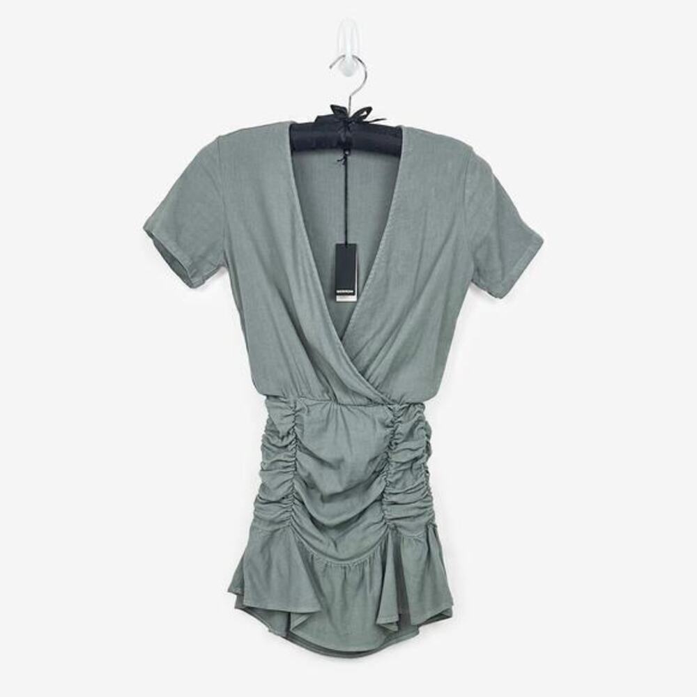 Monrow Woven Mini Dress Size XS Gray Viscose Linen Blend Ruched Girlcore